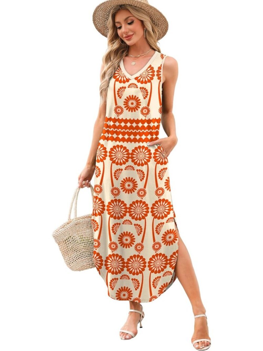 〽️Women's Floral Orange Sleeveless Ankle Length Pull On Imported Maxi Dresses